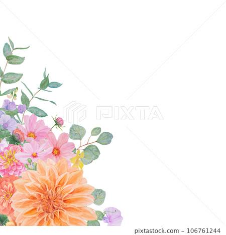 Watercolor botanical colourful frame of summer and autumn flowers: dahlia, zinnia, lathyrus, gillyflower, nasturtium, eucalyptus. Good for wedding print products, paper, invitations, greetings, fabric 106761244