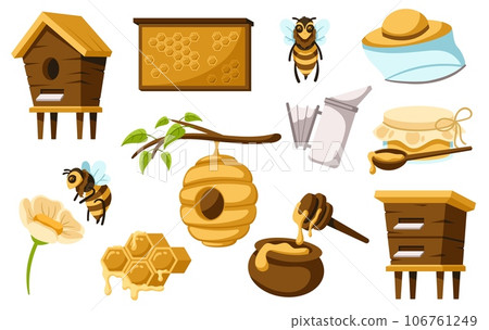 Cartoon honey production items. Honey bees, beehive, honeycomb and bottle of sweet honey vector illustration set Cartoon honey production items. Honey bees, beehive, honeycomb and bottle of sweet honey vector illustration set 106761249