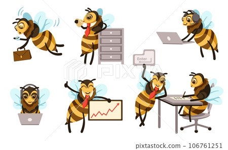 Cartoon office bees. Busy bee mascot for customer service or support. Honey bee with laptop computer vector illustration set 106761251