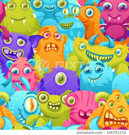 Cartoon monsters pattern. Funny crowd of colorful aliens, monster creatures seamless vector background illustration 106761258