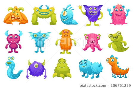 Cartoon monsters. Colorful funny creatures, furry monster and cute space animal characters vector illustration set Cartoon monsters. Colorful funny creatures, furry monster and cute space animal characters vector illustration set 106761259
