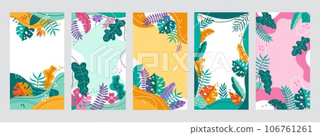 Tropical frame template. Social media story backgrounds with leaves of tropical plants, abstract jungle frames vector set 106761261