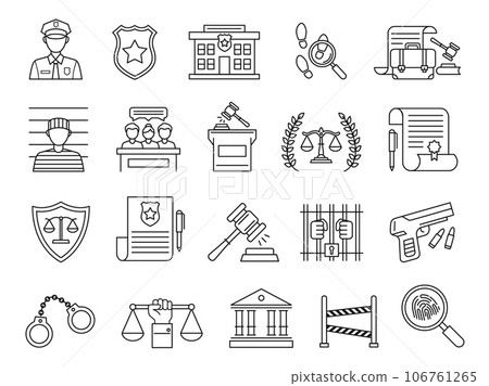 Law and judgment icons. Policeman and convicted felon, police office and court building, scales of justice and judges gavel vector symbols set 106761265