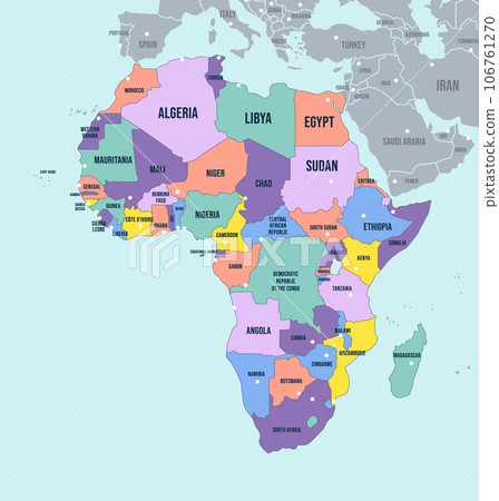 Political Map of Africa continent. English labeled countries names and Africa region borders vector illustration 106761270