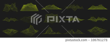 Wireframe landscapes. Futuristic 3D graph grid, cyber mesh mountains and distorted surface coordinates vector set with editable stroke paths 106761278