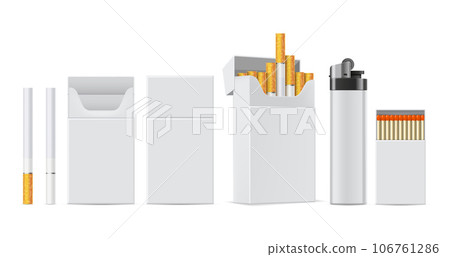 Cigarette product mockup. Realistic cigarettes, white lighter, pack of matches and cigarette box package isolated vector template set 106761286