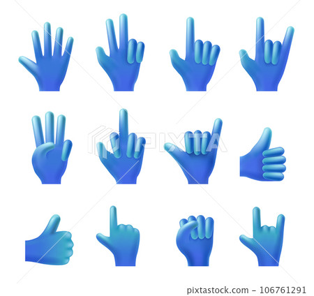 Hand gestures collection. 3D pointed finger gesture, high five or hello waving hand, thumbs up Like and Victory vector illustration set 106761291