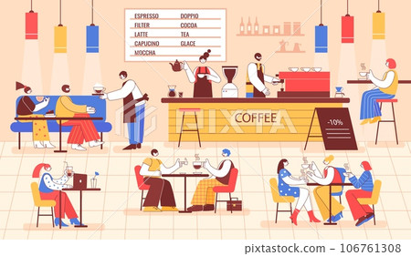 Coffee shop with visitors. Colorful cafe interior with group of people enjoying coffee. Barista makes drinks for coffee house guests vector illustration Coffee shop with visitors. Colorful cafe interior with group of people enjoying coffee. Barista makes drinks for coffee house guests vector illustration 106761308