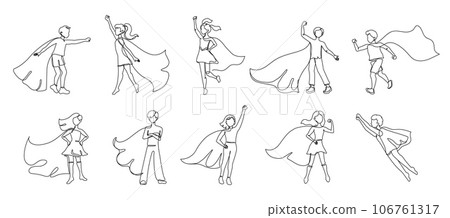 Continuous one line superhero kids. Children fly with hero cape, super boy and heroic girl vector illustration set Continuous one line superhero kids. Children fly with hero cape, super boy and heroic girl vector illustration set 106761317