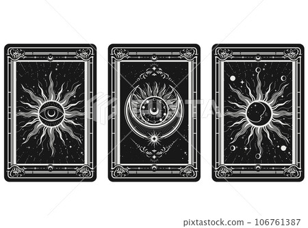 Tarot cards reverse side with esoteric and mystic symbols, all-seeing eye, sun and moon, sorcery signs, vector 106761387