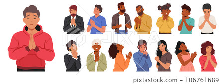 Male And Female Characters Bow With Closed Eyes And Folded Hands, Expressing Reverence Vector Illustration 106761689