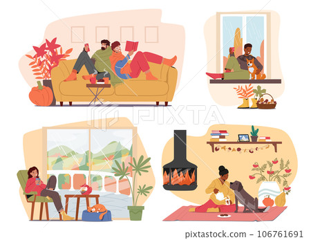 Characters Spend Time at Cozy Autumn Home with Crackling Fires, Soft Blankets, Spiced Aromas, Vector Illustration Characters Spend Time at Cozy Autumn Home with Crackling Fires, Soft Blankets, Spiced Aromas, Vector Illustration 106761691