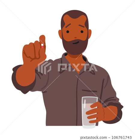 Adult Black Male Character Grasping A Pill Above Water-filled Glass, Poised For Ingestion. Concept Of Taking Medication Adult Black Male Character Grasping A Pill Above Water-filled Glass, Poised For Ingestion. Concept Of Taking Medication 106761743
