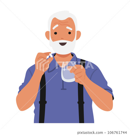 Elderly Man Clasping A Pill In One Hand, A Glass Of Water In The Other. An Image Of Daily Routine And Healthcare 106761744