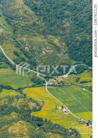 View on Geiranger valley from Dalsnibba viewpoint in Norway 106762120