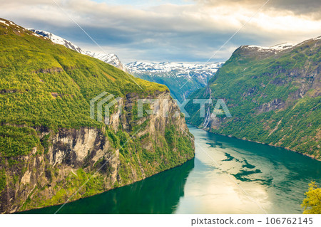 View on Geirangerfjord from Flydasjuvet viewpoint Norway View on Geirangerfjord from Flydasjuvet viewpoint Norway 106762145