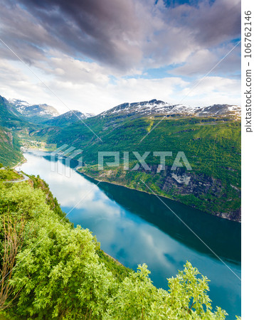 View on Geirangerfjord from Flydasjuvet viewpoint Norway 106762146