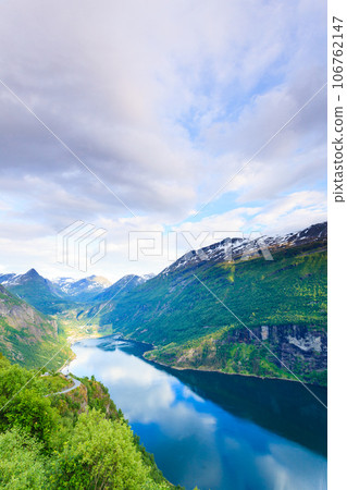 View on Geirangerfjord from Flydasjuvet viewpoint Norway View on Geirangerfjord from Flydasjuvet viewpoint Norway 106762147