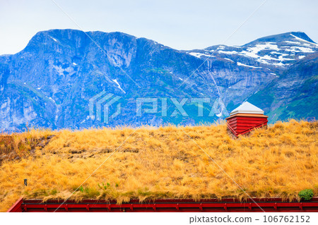 Modern cabin hytte with grass on roof Norway Modern cabin hytte with grass on roof Norway 106762152
