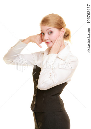 Phone. Worried businesswoman making call me gesture 106762487