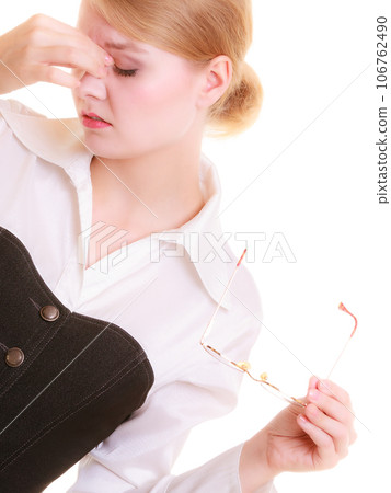 Headache. Woman suffering from head pain isolated. Headache. Woman suffering from head pain isolated. 106762490