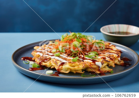 Okonomiyaki on blue table. Japanese fast food dish sprinkled sliced dried tuna. Generative AI. 106762659