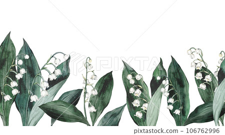 Watercolor banner with spring lilies of the valley branches. Illustration isolated, white backgraund. Design for printing postcards, invitations to weddings, birthdays, spring and summer holidays Watercolor banner with spring lilies of the valley branches. Illustration isolated, white backgraund. Design for printing postcards, invitations to weddings, birthdays, spring and summer holidays 106762996