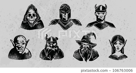 Fantasy character silhouette game avatar, vector medieval RPG role classes icon set, magic wizard.  106763006