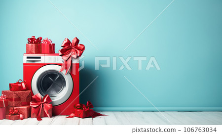 New washing machine, household appliances with red ribbon gifts. Concept sales season, Black Friday, Cyber Monday 106763034