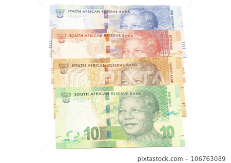 Nelson Holilala Mandela faces on South African money rand banknotes.President of South Africa 106763089