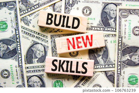 Build new skills symbol. Concept word Build new skills on beautiful wooden block. Dollar bills. Beautiful dollar bills background. Business, education build new skills concept. Copy space. 106763239