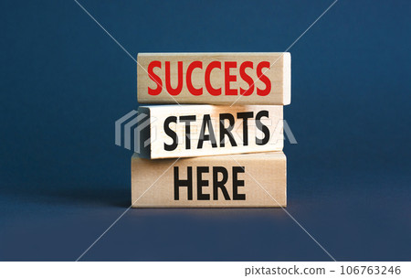 Success starts here symbol. Concept word Success starts here on beautiful wooden block. Beautiful grey table grey background. Business motivational success starts here concept. Copy space. Success starts here symbol. Concept word Success starts here on beautiful wooden block. Beautiful grey table grey background. Business motivational success starts here concept. Copy space. 106763246