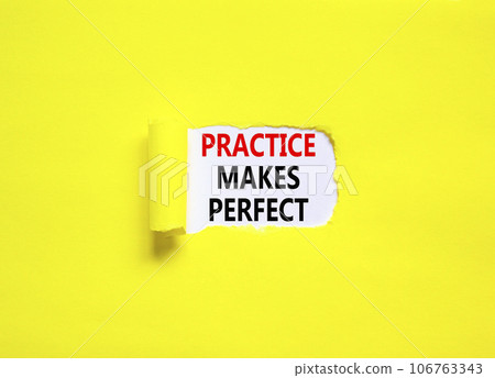 Practice makes perfect symbol. Concept words Practice makes perfect on beautiful white paper. Beautiful yellow background. Business practice makes perfect concept. Copy space. 106763343