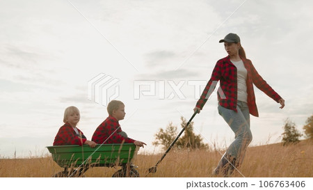 Mother rides little boys in cart walking along autumn farm field. Little boys sit in garden trolley pulled by careful mother at farmland. Farmer mother plays with little boys riding cart in farm field 106763406