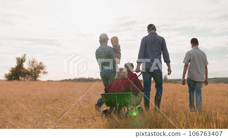 Farmer pulls cart with little children walking with family in country field at sunset light. Happy family with children spending time together on farm field. Farmer family with children in field 106763407