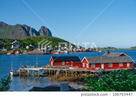 Norway. Fishermans red rorbu cottage in the Lofoten Islands. Typical Fishermans house. 106763447