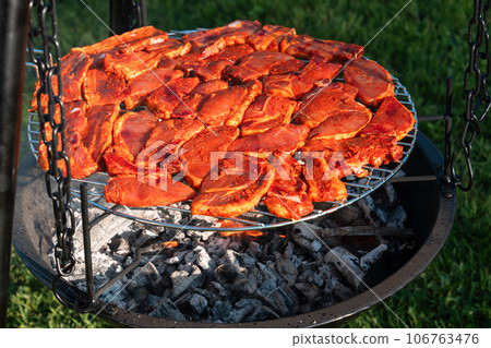 Cooking tasty meat slices at bbq grill backyard Grilling tenderloin on charcoal. steaks on the grill Cooking tasty meat slices at bbq grill backyard Grilling tenderloin on charcoal. steaks on the grill 106763476