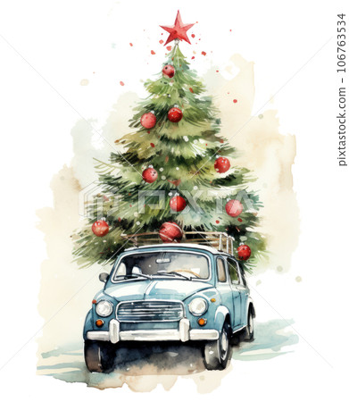 Retro car with Christmas tree - Stock Illustration [106763534] - PIXTA