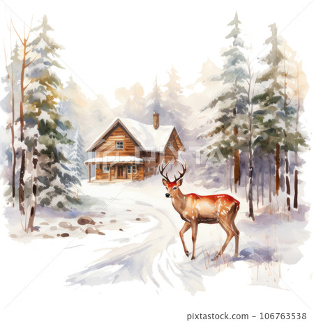 Watercolor winter background with deer 106763538
