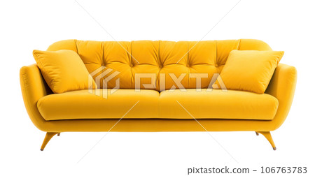 Modern yellow leather sofa with pillows isolated 106763783