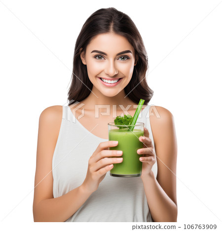Woman with glass of smoothie in her hand 106763909