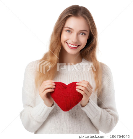 Happy young woman wigth knitted heart in hands Happy young woman wigth knitted heart in hands 106764045