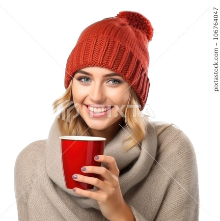 Happy woman in knitted hat with cup of hot tea 106764047