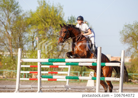 Young horseriding woman jumping over the obstacle on her showjumping course 106764072