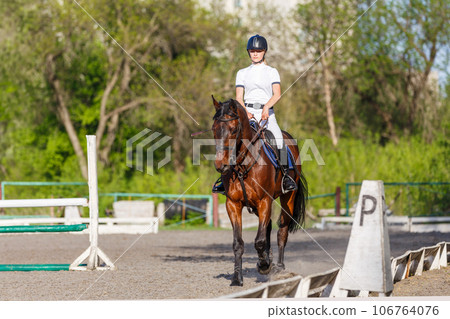 Young rider woman riding horse warming up before showjumping competition Young rider woman riding horse warming up before showjumping competition 106764076