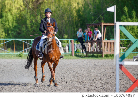 Young horseback sportsman on his course in showjumping competition Young horseback sportsman on his course in showjumping competition 106764087