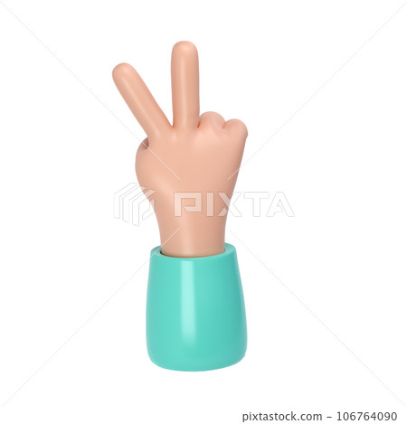 3d hand victory icon illustration. Two fingers social icon. Cartoon character hand gesture. Business success clip art isolated with clipping path 106764090