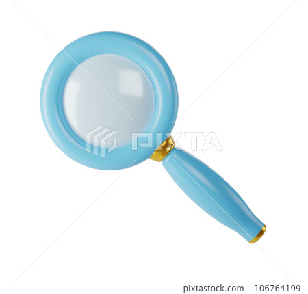 3d blue magnifying glass icon isolated with clipping path. Render minimal loupe search icon for finding, reading, research, analysis information. Cartoon realistic 106764199