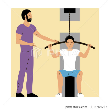 Young man doing exercises on a sports simulator Young man doing exercises on a sports simulator 106764213