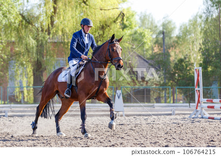 Young horseback sportsman on his course in showjumping competition Young horseback sportsman on his course in showjumping competition 106764215